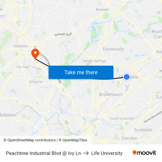 Peachtree Industrial Blvd @ Ivy Ln to Life University map