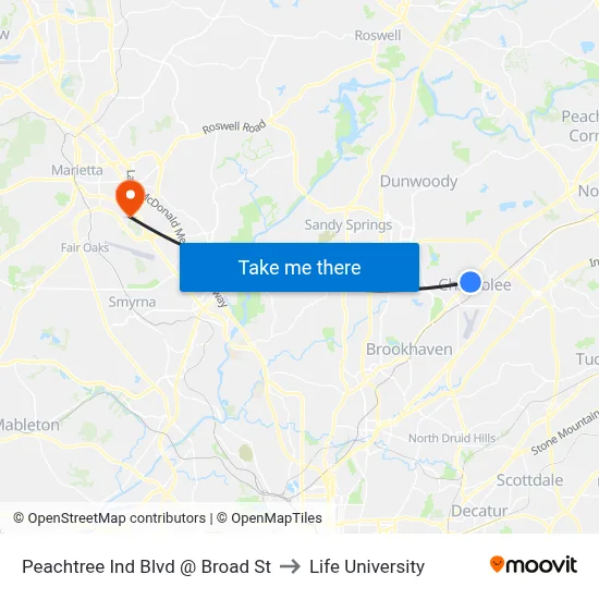 Peachtree Ind Blvd @ Broad St to Life University map