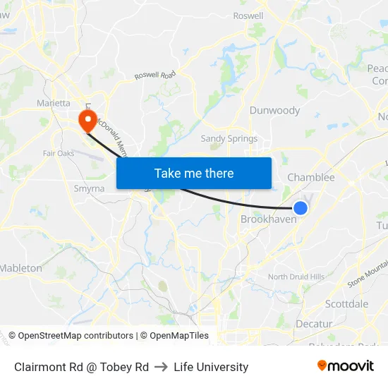 Clairmont Rd @ Tobey Rd to Life University map