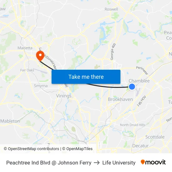 Peachtree Ind Blvd @ Johnson Ferry to Life University map
