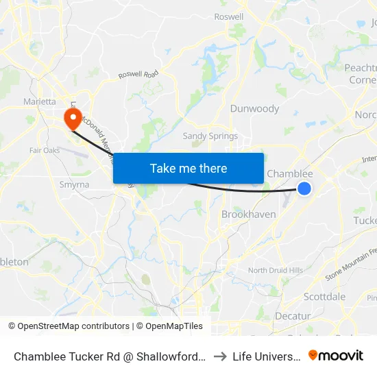 Chamblee Tucker Rd @ Shallowford Rd to Life University map