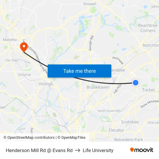 Henderson Mill Rd @ Evans Rd to Life University map