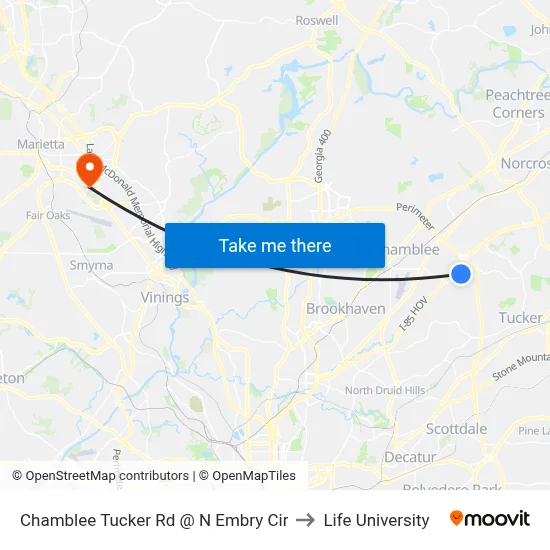 Chamblee Tucker Rd @ N Embry Cir to Life University map