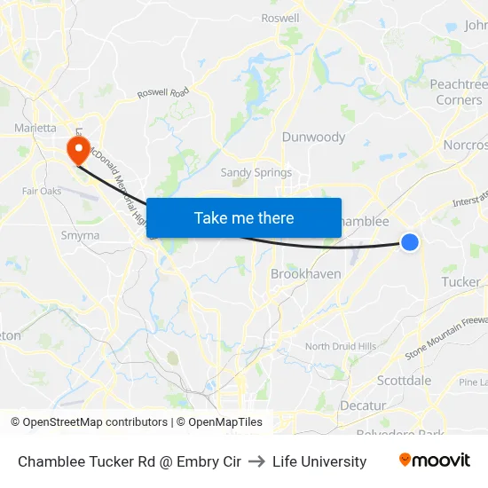 Chamblee Tucker Rd @ Embry Cir to Life University map