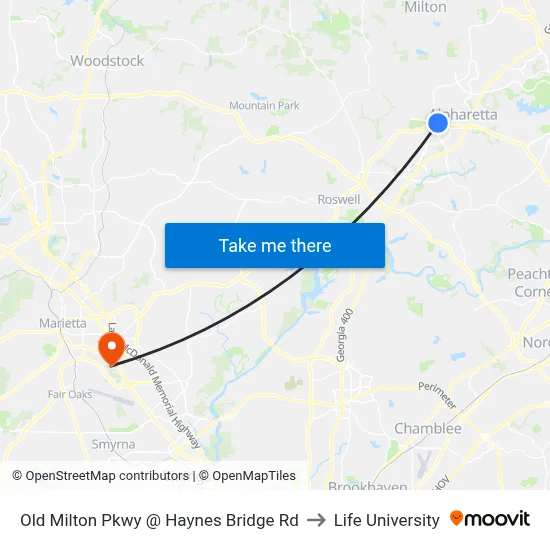 Old Milton Pkwy @ Haynes Bridge Rd to Life University map