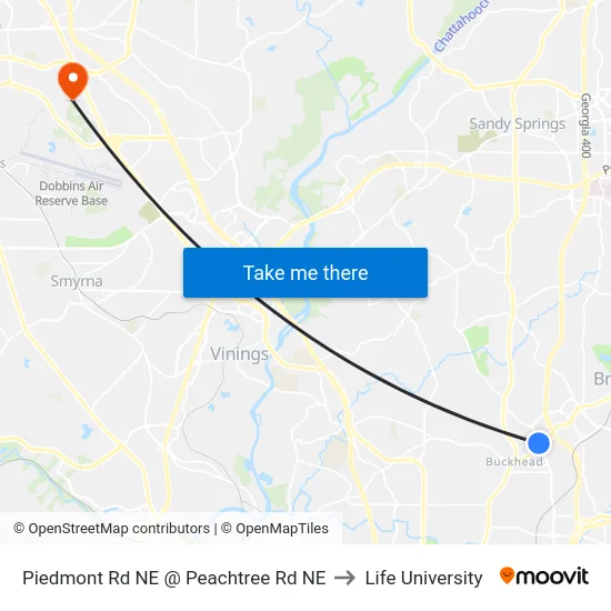 Piedmont Rd NE @ Peachtree Rd NE to Life University map