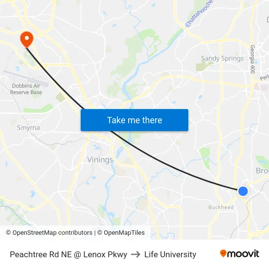 Peachtree Rd NE @ Lenox Pkwy to Life University map