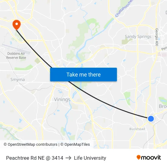 Peachtree Rd NE @ 3414 to Life University map