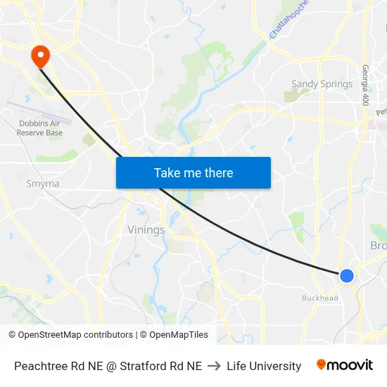 Peachtree Rd NE @ Stratford Rd NE to Life University map