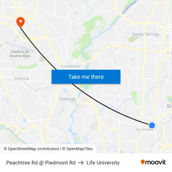 Peachtree Rd @ Piedmont Rd to Life University map