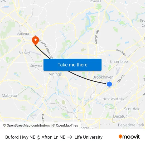 Buford Hwy NE @ Afton Ln NE to Life University map