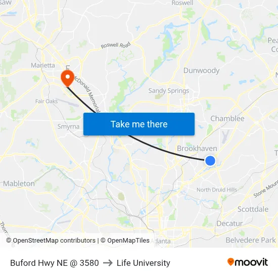 Buford Hwy NE @ 3580 to Life University map