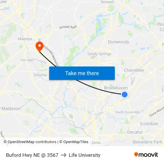 Buford Hwy NE @ 3567 to Life University map