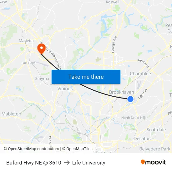 Buford Hwy NE @ 3610 to Life University map