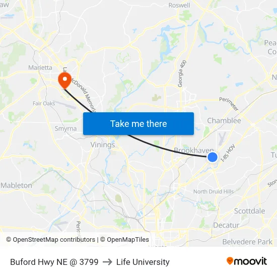 Buford Hwy NE @ 3799 to Life University map