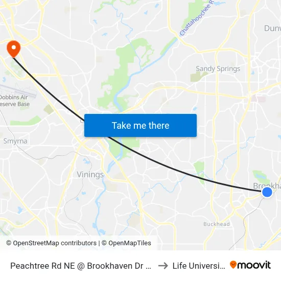 Peachtree Rd NE @ Brookhaven Dr NE to Life University map