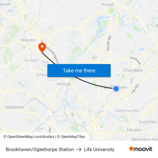 Brookhaven/Oglethorpe Station to Life University map