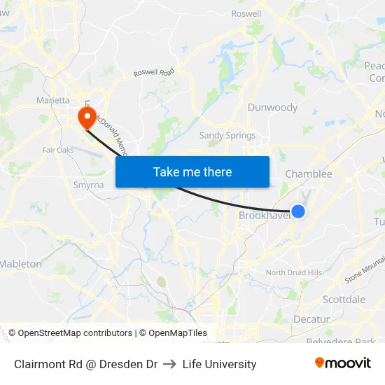 Clairmont Rd @ Dresden Dr to Life University map