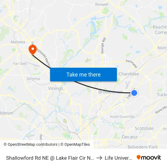 Shallowford Rd NE @ Lake Flair Cir NE (N) to Life University map