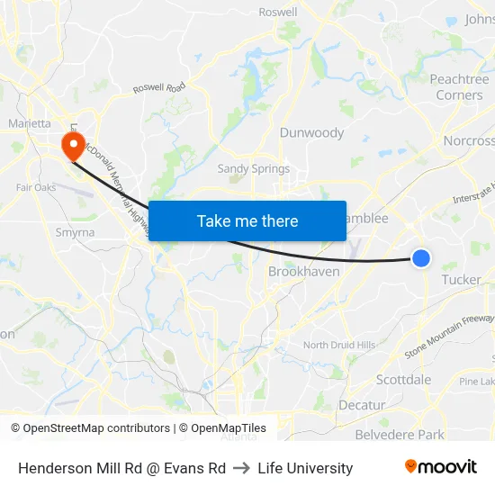 Henderson Mill Rd @ Evans Rd to Life University map