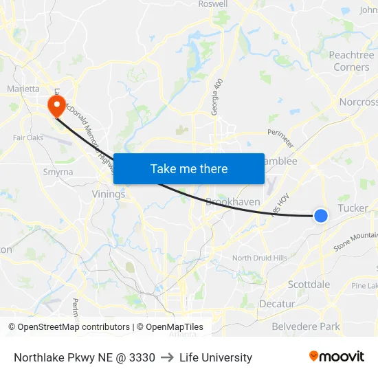 Northlake Pkwy NE @ 3330 to Life University map