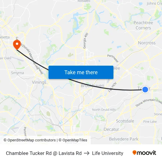 Chamblee Tucker Rd @ Lavista Rd to Life University map