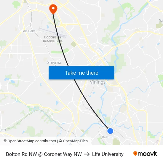 Bolton Rd NW @ Coronet Way NW to Life University map