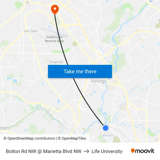Bolton Rd NW @ Marietta Blvd NW to Life University map