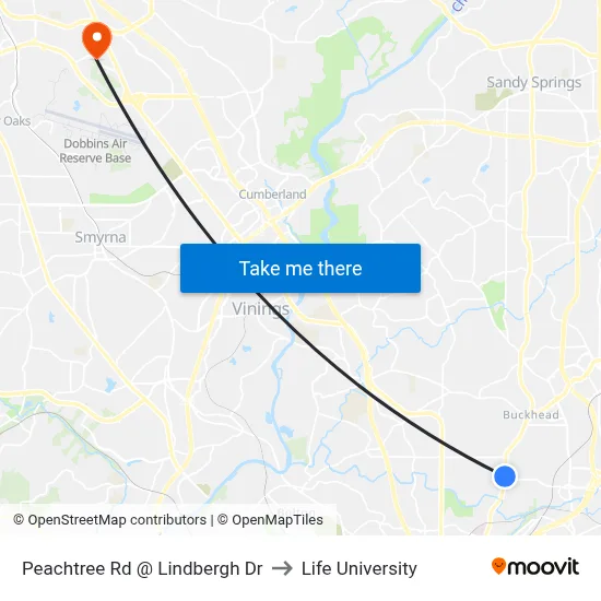 Peachtree Rd @ Lindbergh Dr to Life University map