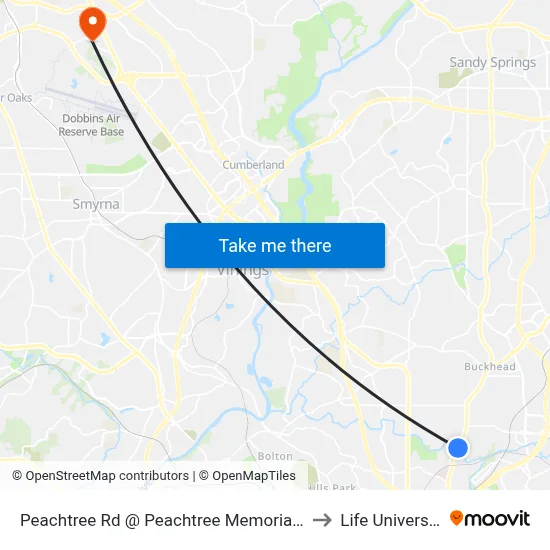 Peachtree Rd @ Peachtree Memorial Dr to Life University map