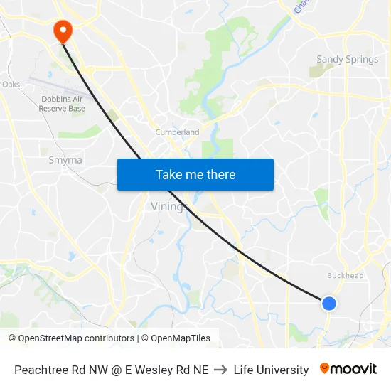 Peachtree Rd NW @ E Wesley Rd NE to Life University map