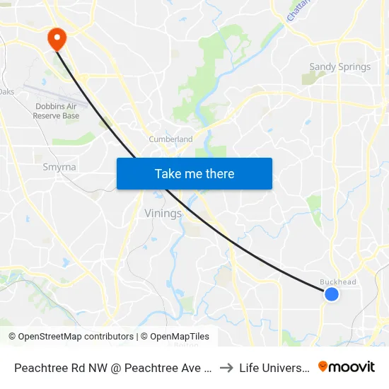 Peachtree Rd NW @ Peachtree Ave NE to Life University map