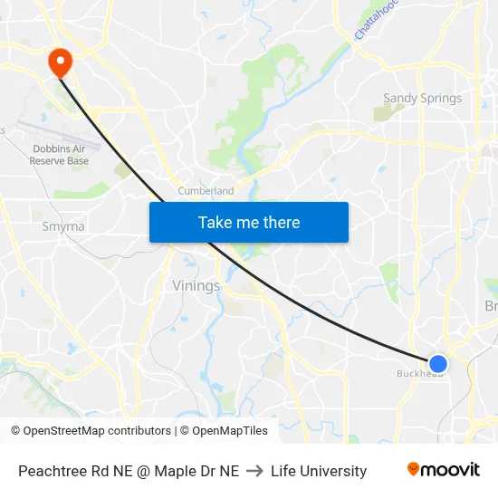 Peachtree Rd NE @ Maple Dr NE to Life University map
