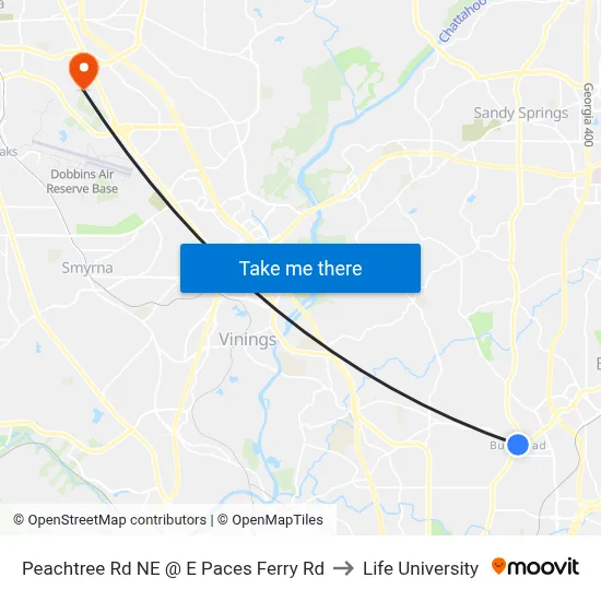 Peachtree Rd NE @ E Paces Ferry Rd to Life University map