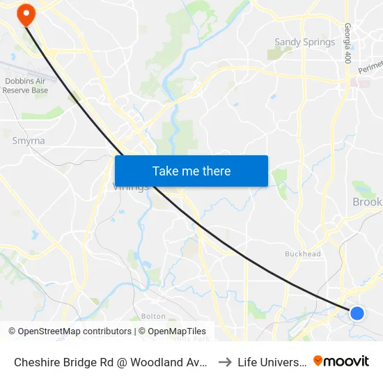 Cheshire Bridge Rd @ Woodland Ave NE to Life University map