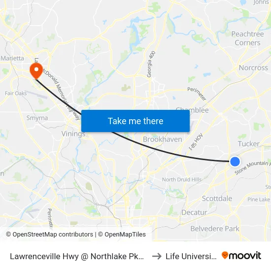Lawrenceville Hwy @ Northlake Pkwy to Life University map