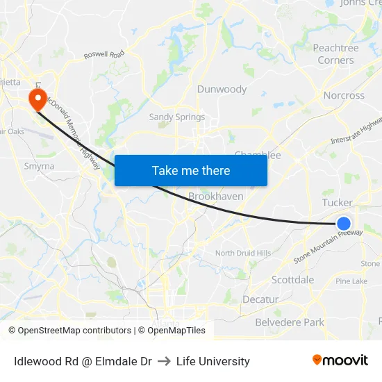 Idlewood Rd @ Elmdale Dr to Life University map