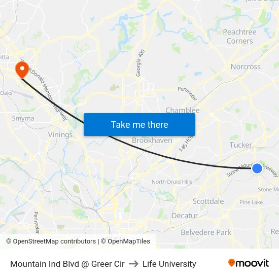 Mountain Ind Blvd @ Greer Cir to Life University map