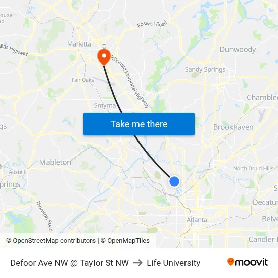 Defoor Ave NW @ Taylor St NW to Life University map