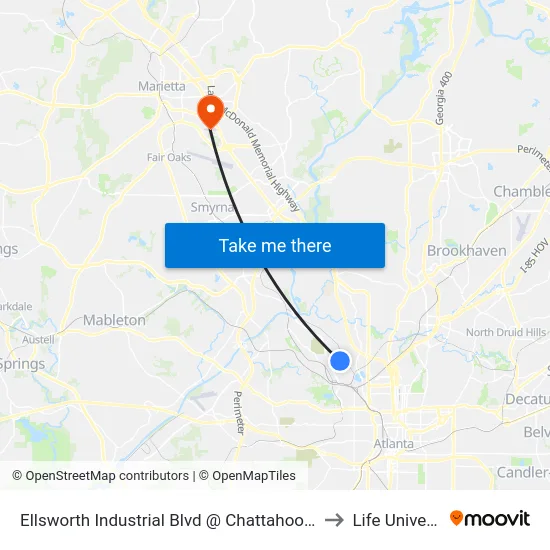 Ellsworth Industrial Blvd @ Chattahoochee Ave to Life University map