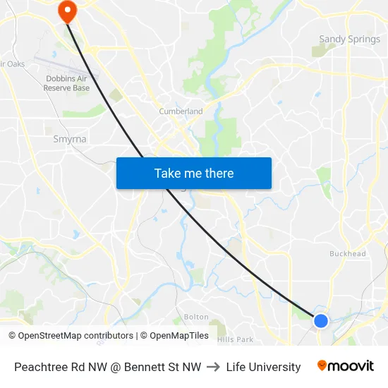Peachtree Rd NW @ Bennett St NW to Life University map