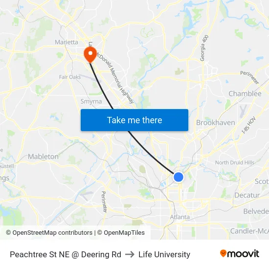 Peachtree St NE @ Deering Rd to Life University map