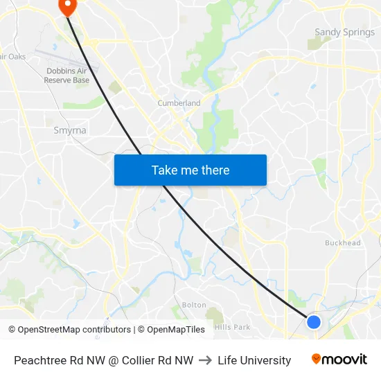 Peachtree Rd NW @ Collier Rd NW to Life University map