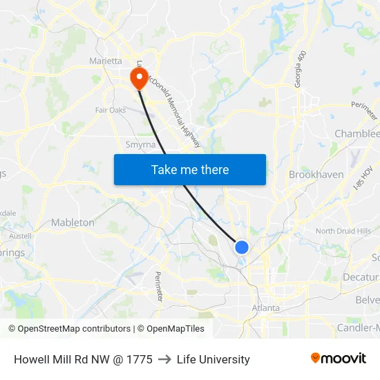 Howell Mill Rd NW @ 1775 to Life University map