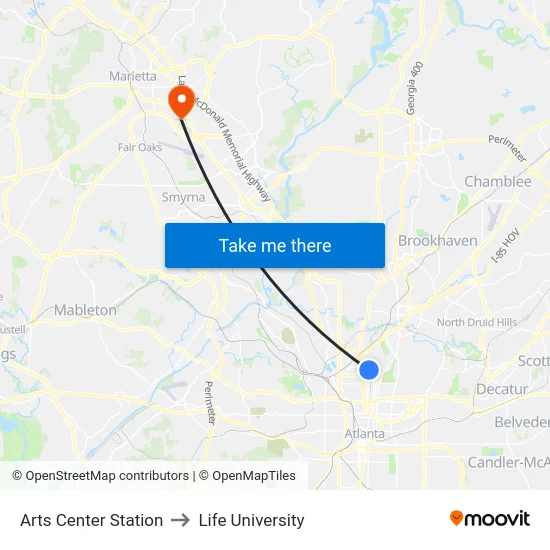 Arts Center Station to Life University map