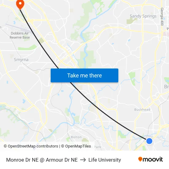 Monroe Dr NE @ Armour Dr NE to Life University map