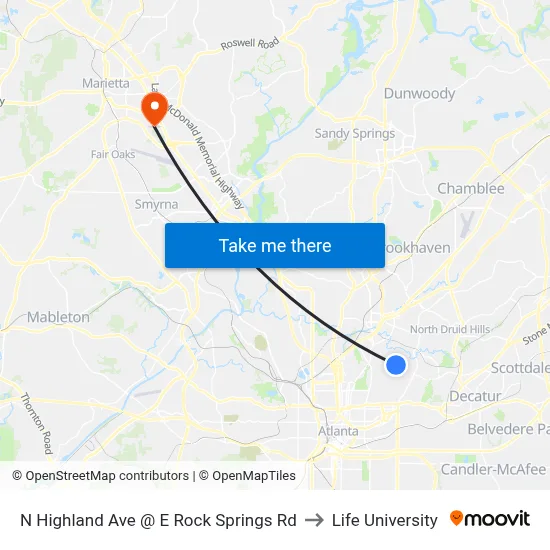 N Highland Ave @ E Rock Springs Rd to Life University map