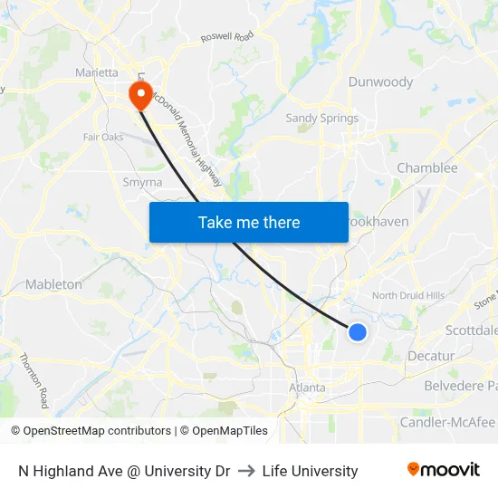 N Highland Ave @ University Dr to Life University map