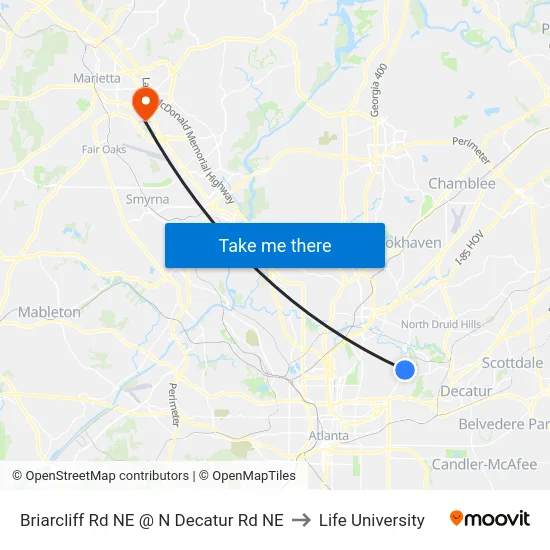 Briarcliff Rd NE @ N Decatur Rd NE to Life University map