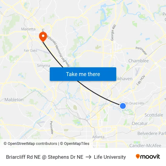 Briarcliff Rd NE @ Stephens Dr NE to Life University map